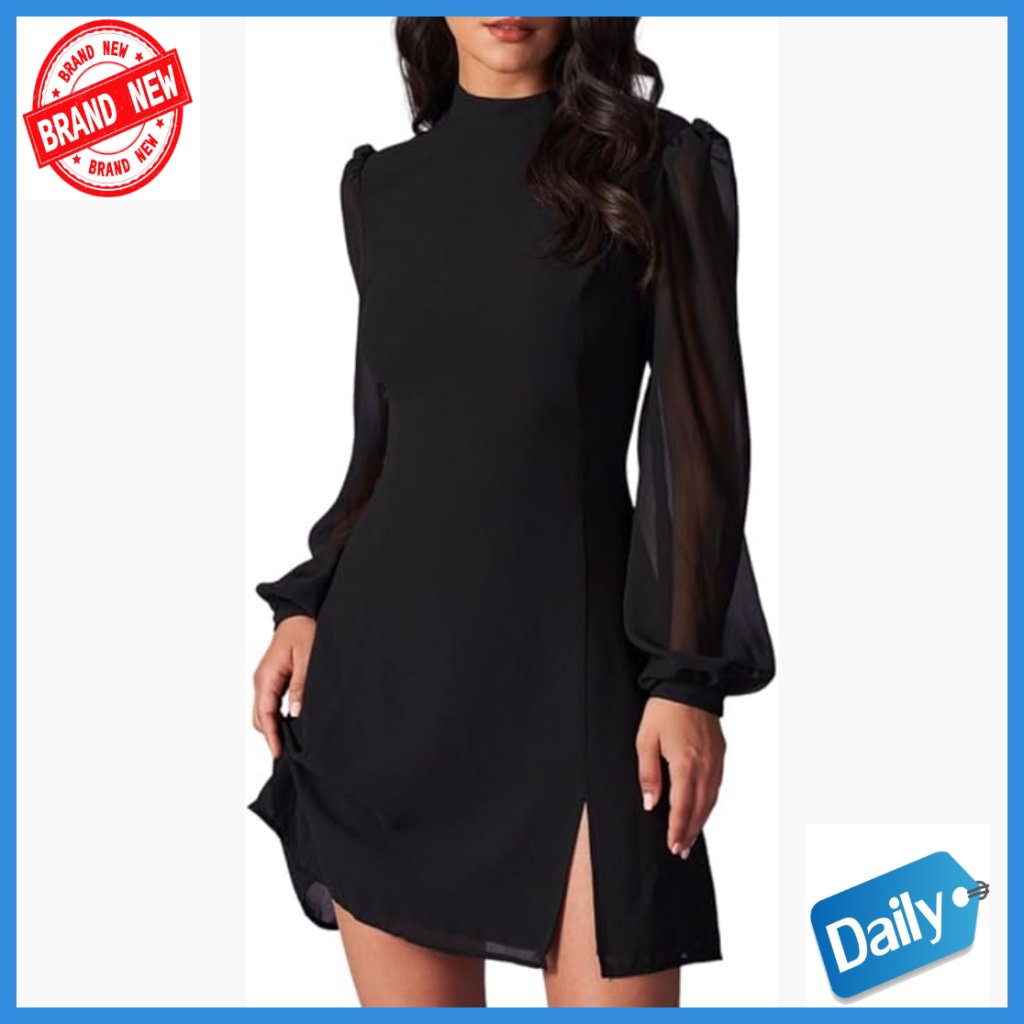 Women's Long Sleeve High Neck Cocktail Dress, Sheer Sleeves, Side Slit